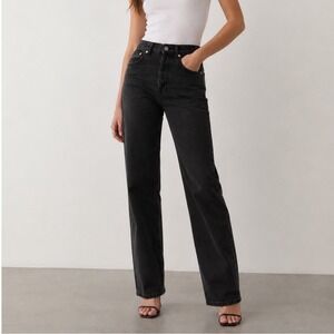 RAEY High Rise Straight Jeans Womens‎ 26 Black Organic Cotton Button Fly Luxe